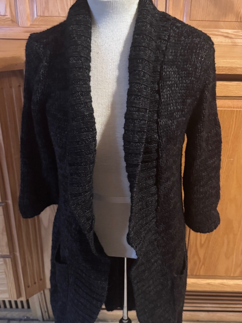 Women's Candies XL Knee Length Open Front 3/4 Length Sleeves Black Sweater